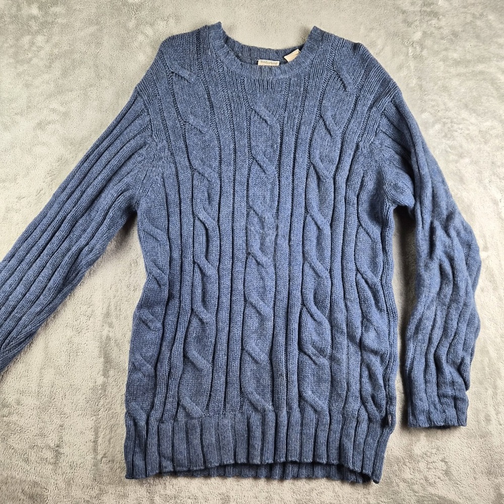 Timberland Sweater Men XL Blue Cable knit Lambswool Blend Stratham Issue Outdoor